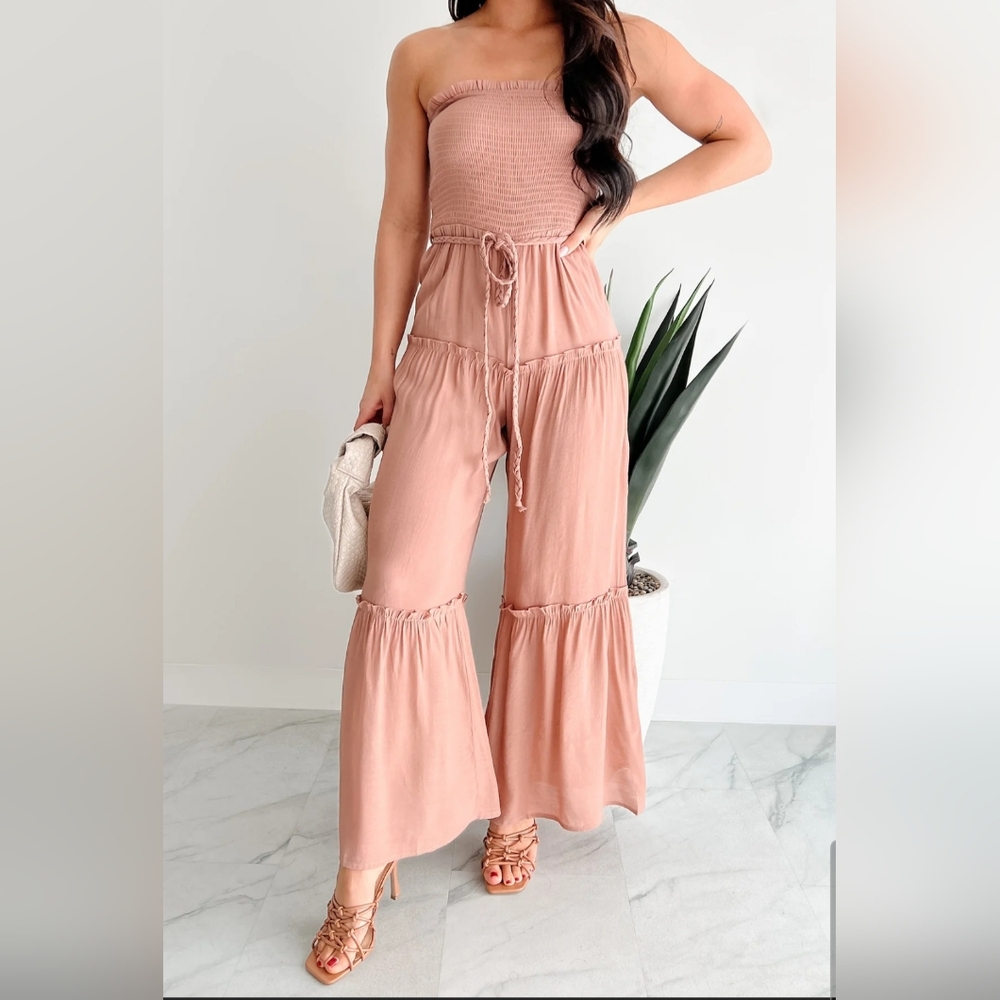 Love Tree Clay Strapless Smocked Tiered Jumpsuit